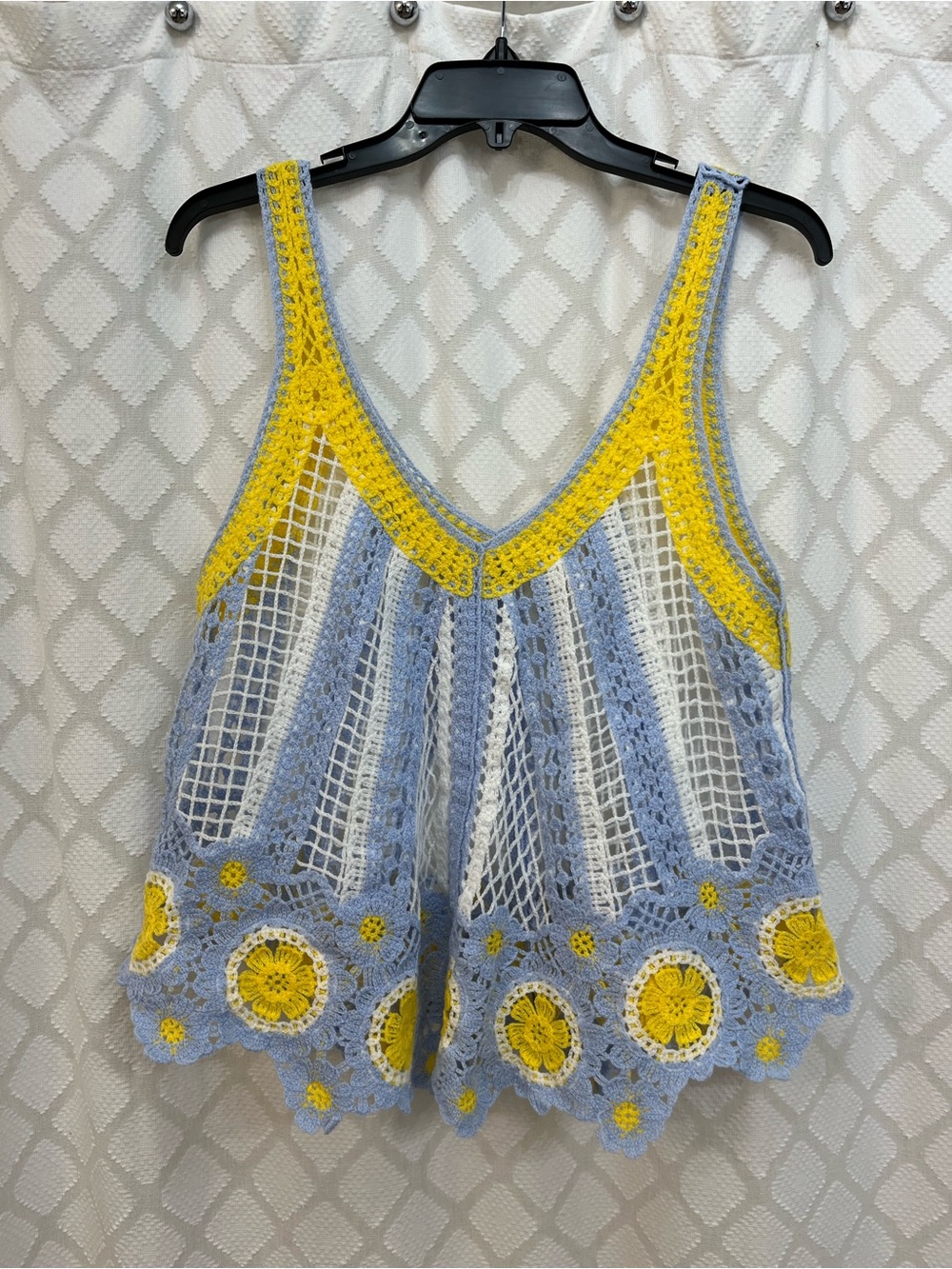 Crochet V-Neck Tank Top in Light Blue, Yellow & White